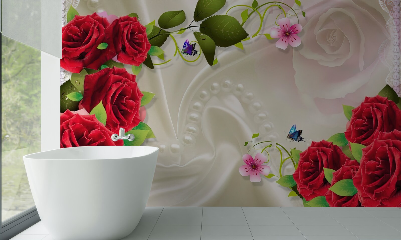 Fototapet trandafiri cărămiziu pe țesătură din satin alb ca zăpada