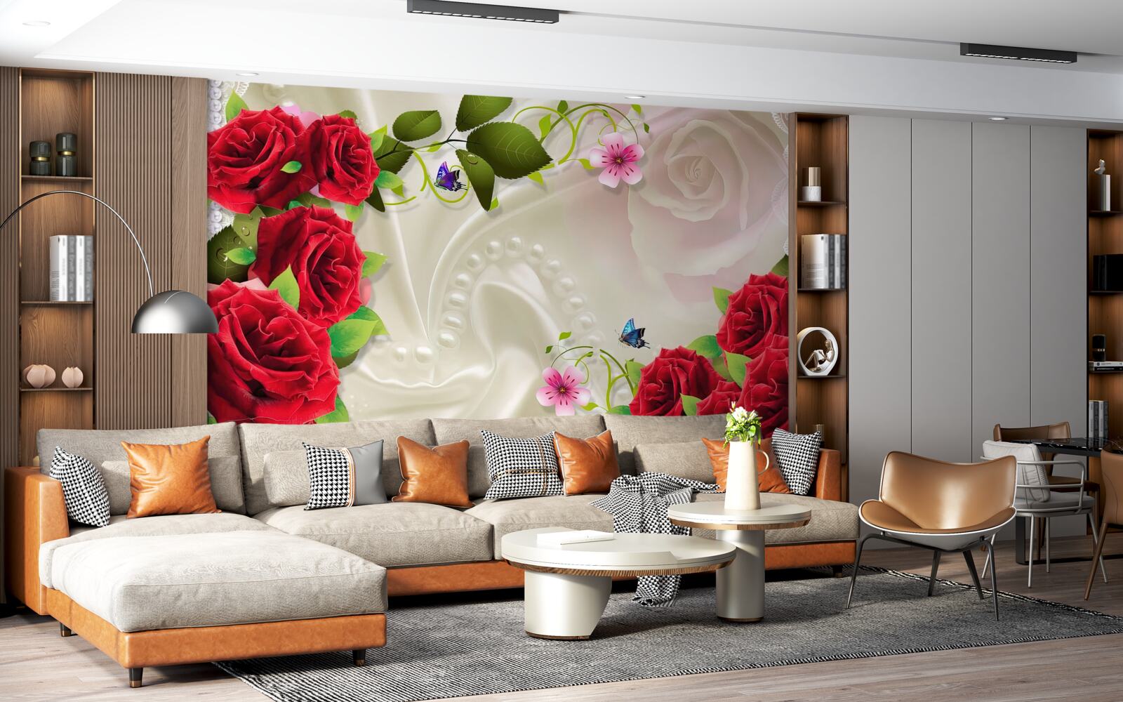 Fototapet trandafiri cărămiziu pe țesătură din satin alb ca zăpada