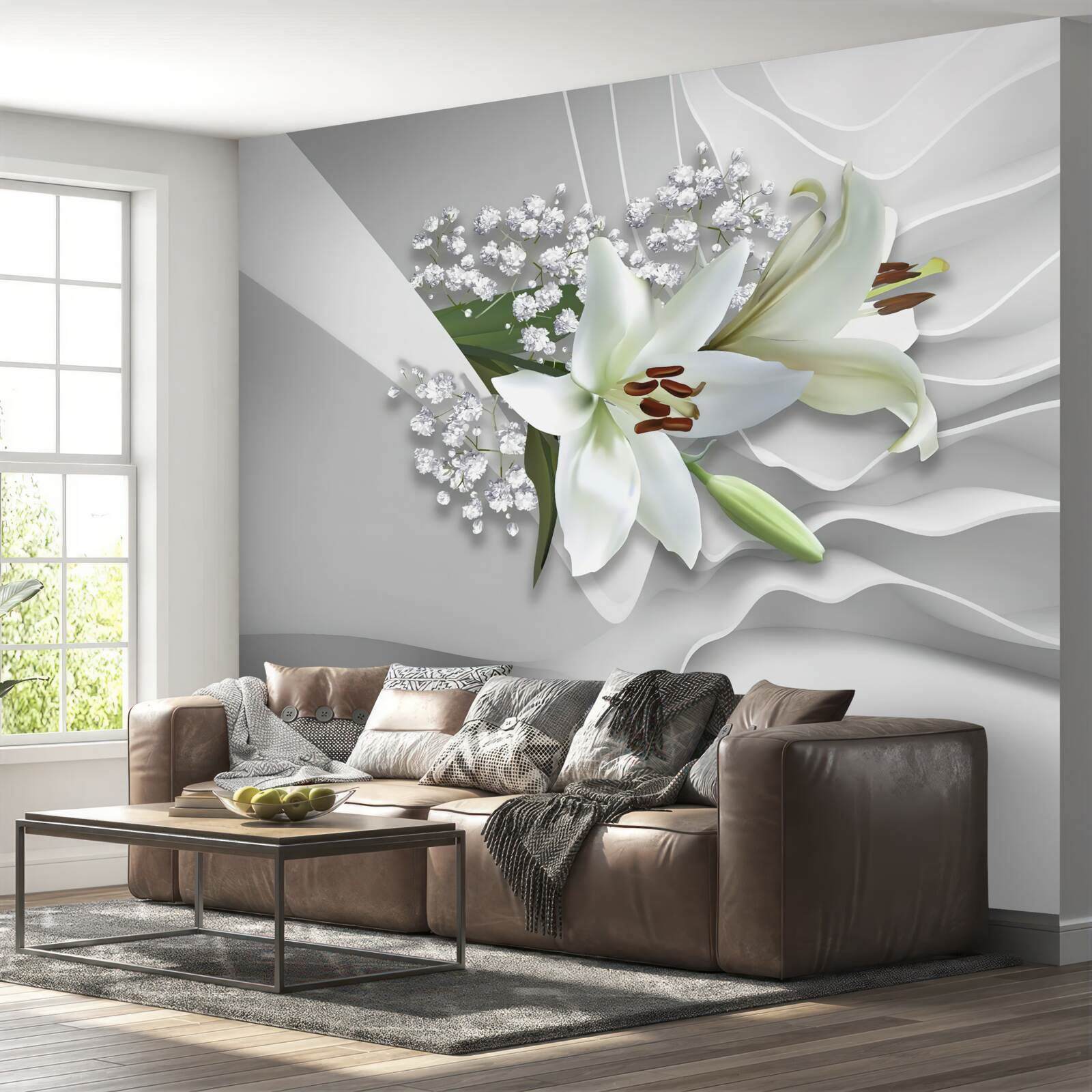 Fototapet fundal luminos cu crini albi