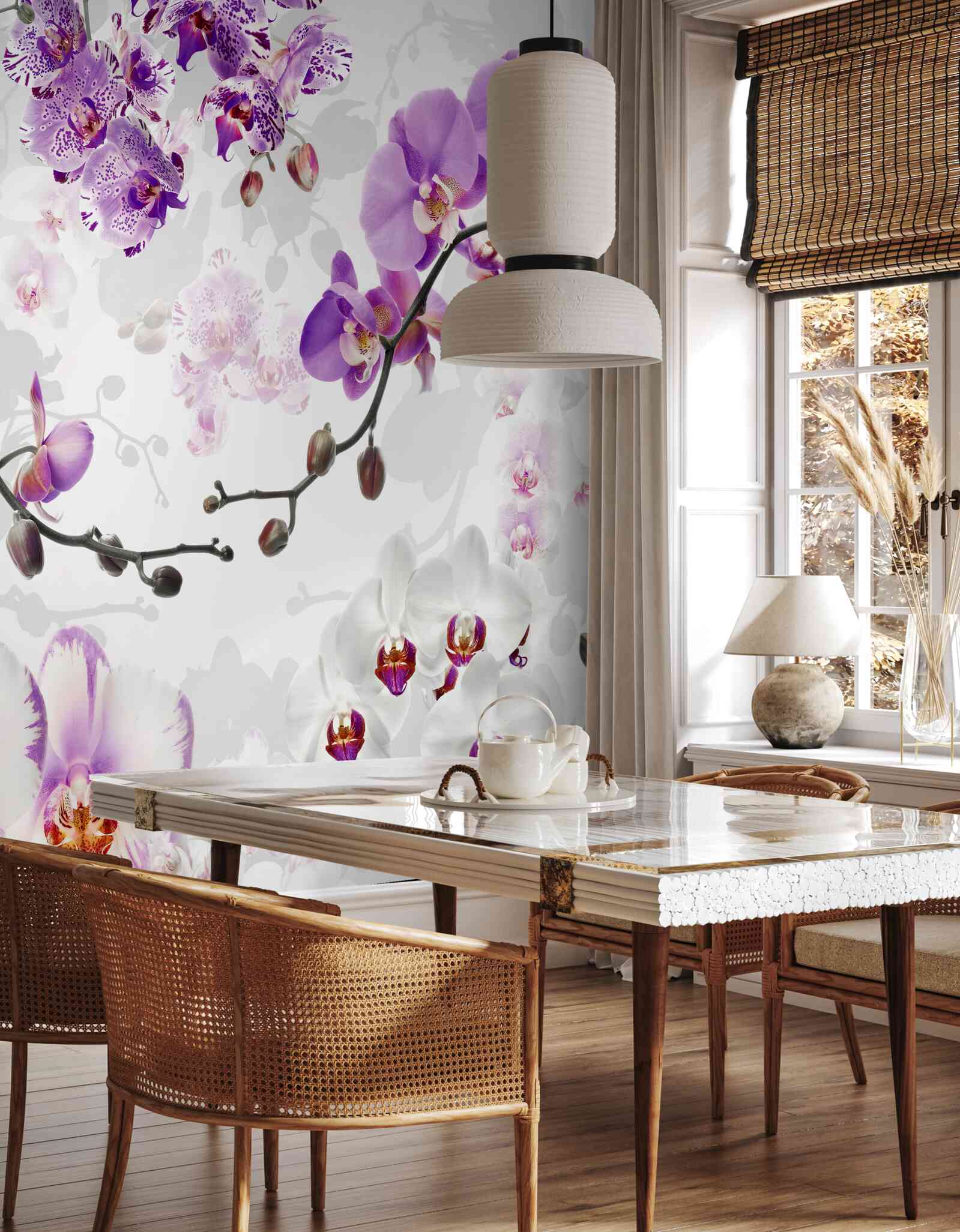 Fototapet ramură cu orhidee violete înflorite