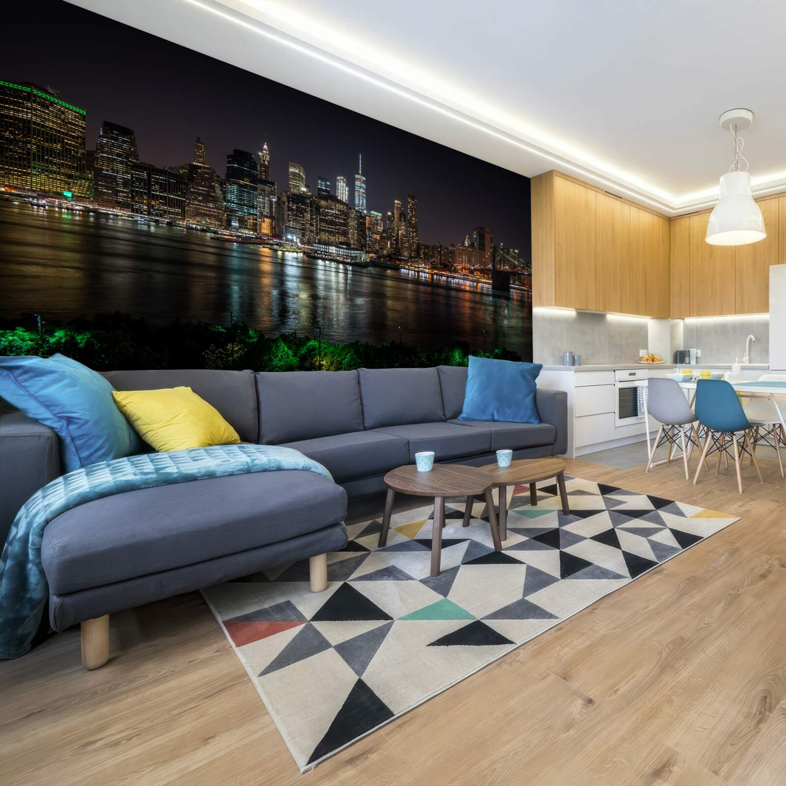 Fototapet panorama de noapte a orașului de pe malul opus