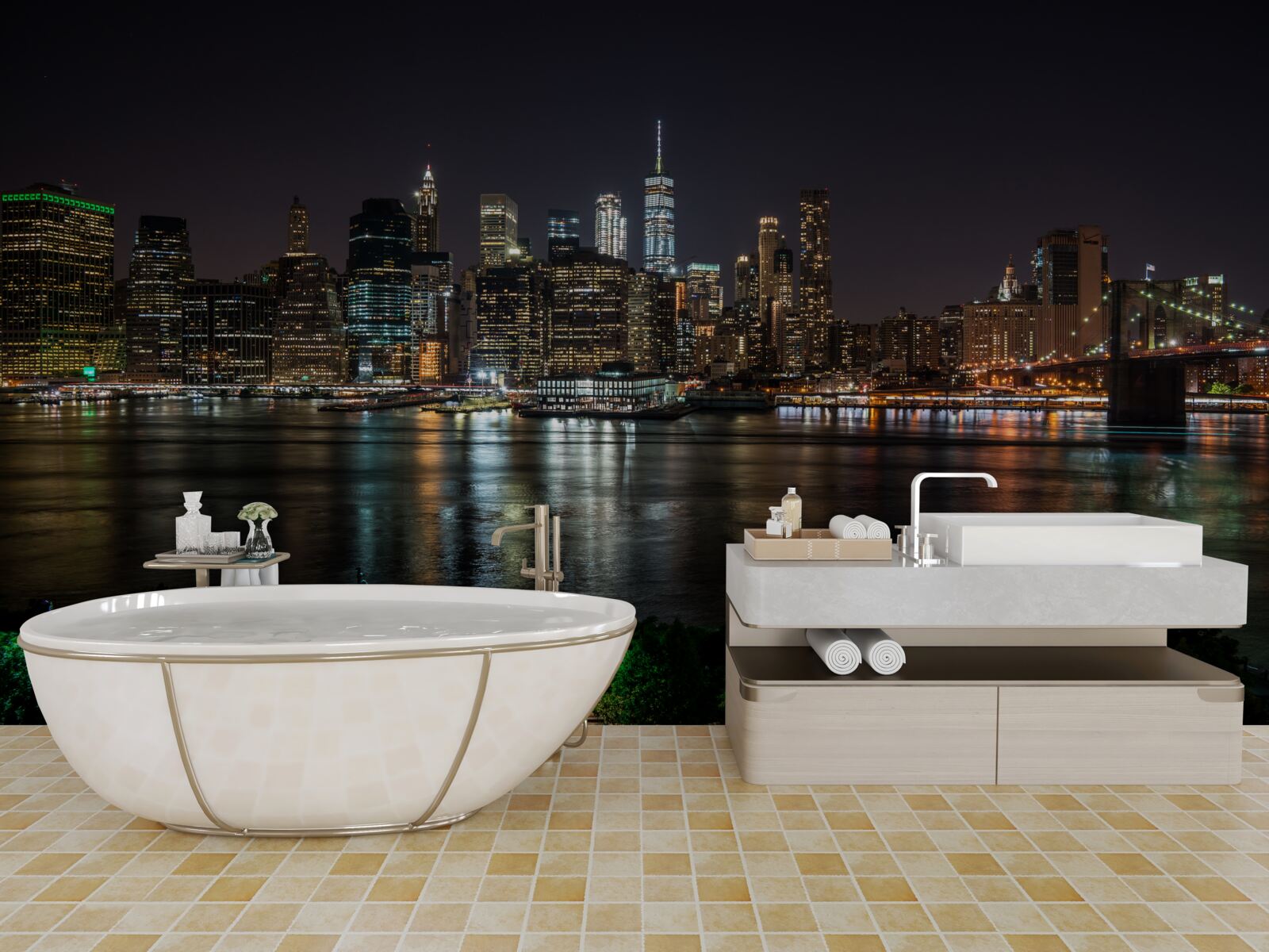 Fototapet panorama de noapte a orașului de pe malul opus