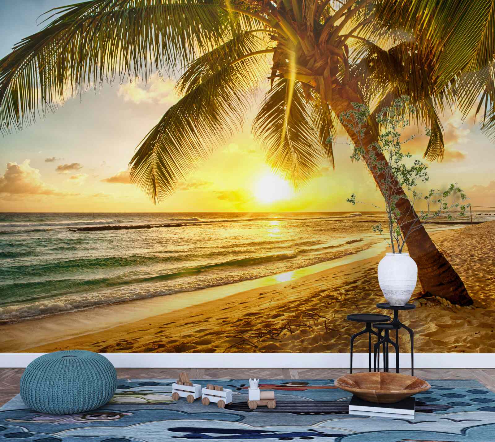 Fototapet soarele apune sub orizontul oceanului, luminând palmierii