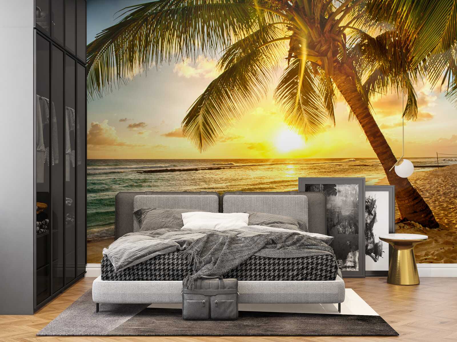 Fototapet soarele apune sub orizontul oceanului, luminând palmierii