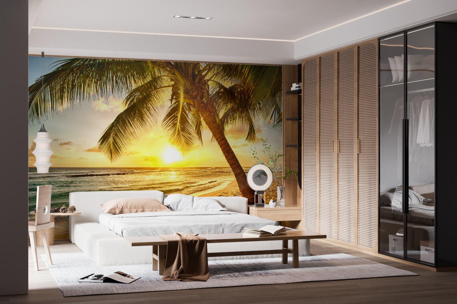 Fototapet soarele apune sub orizontul oceanului, luminând palmierii