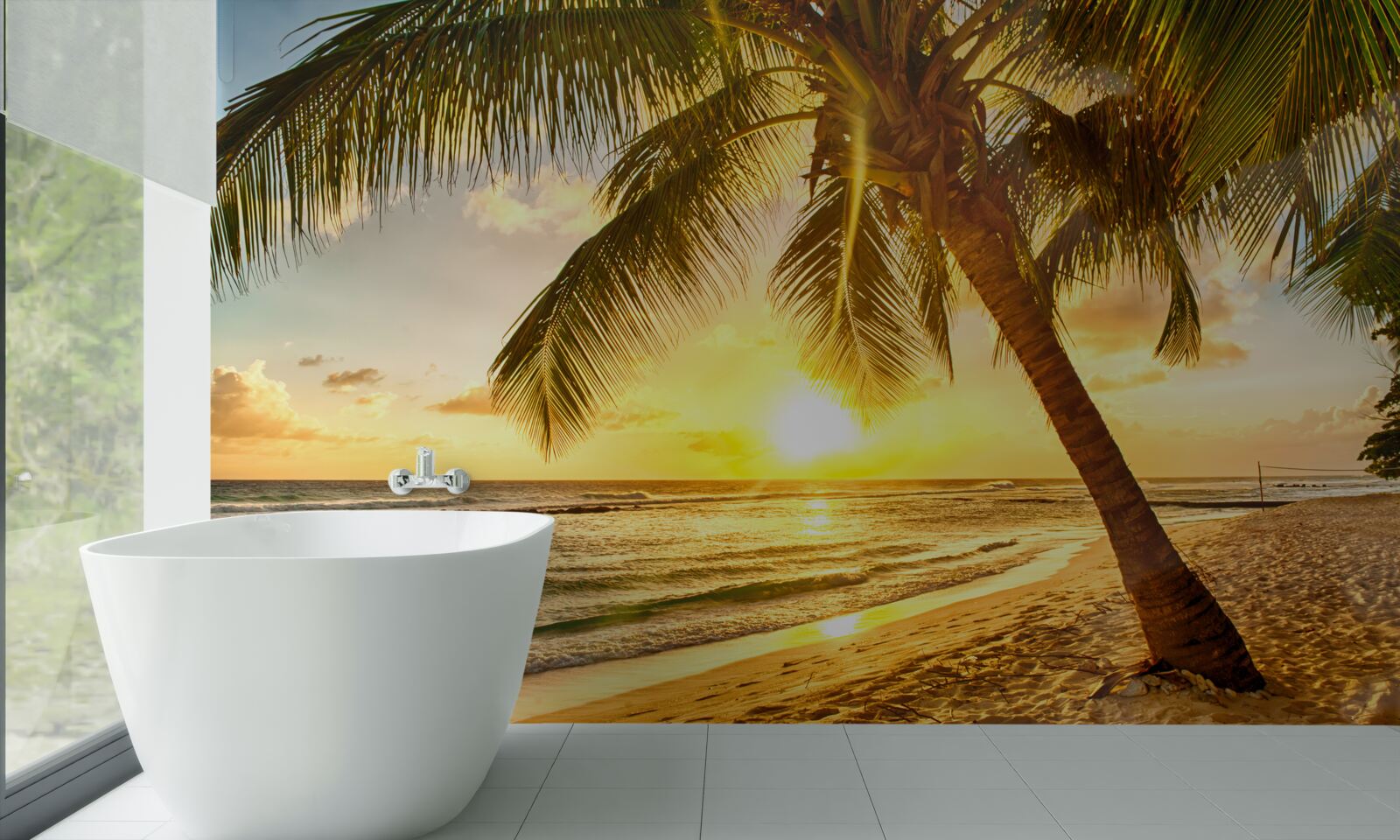 Fototapet soarele apune sub orizontul oceanului, luminând palmierii