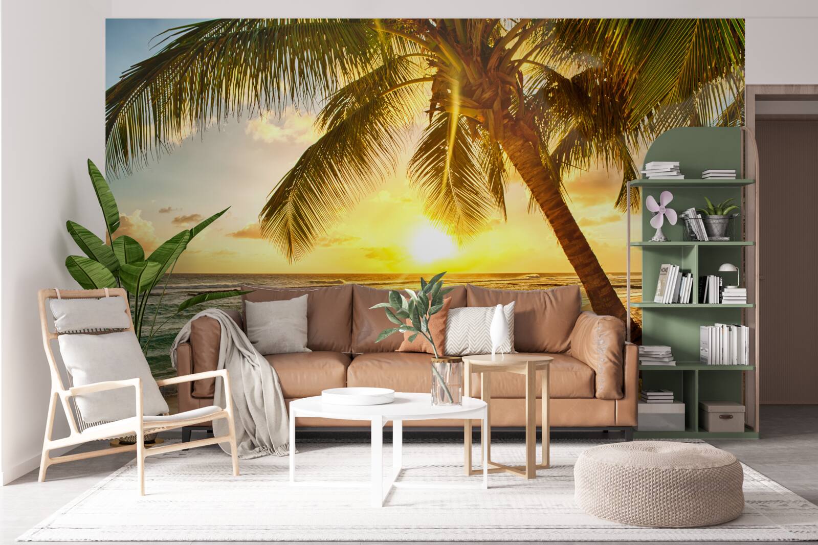 Fototapet soarele apune sub orizontul oceanului, luminând palmierii