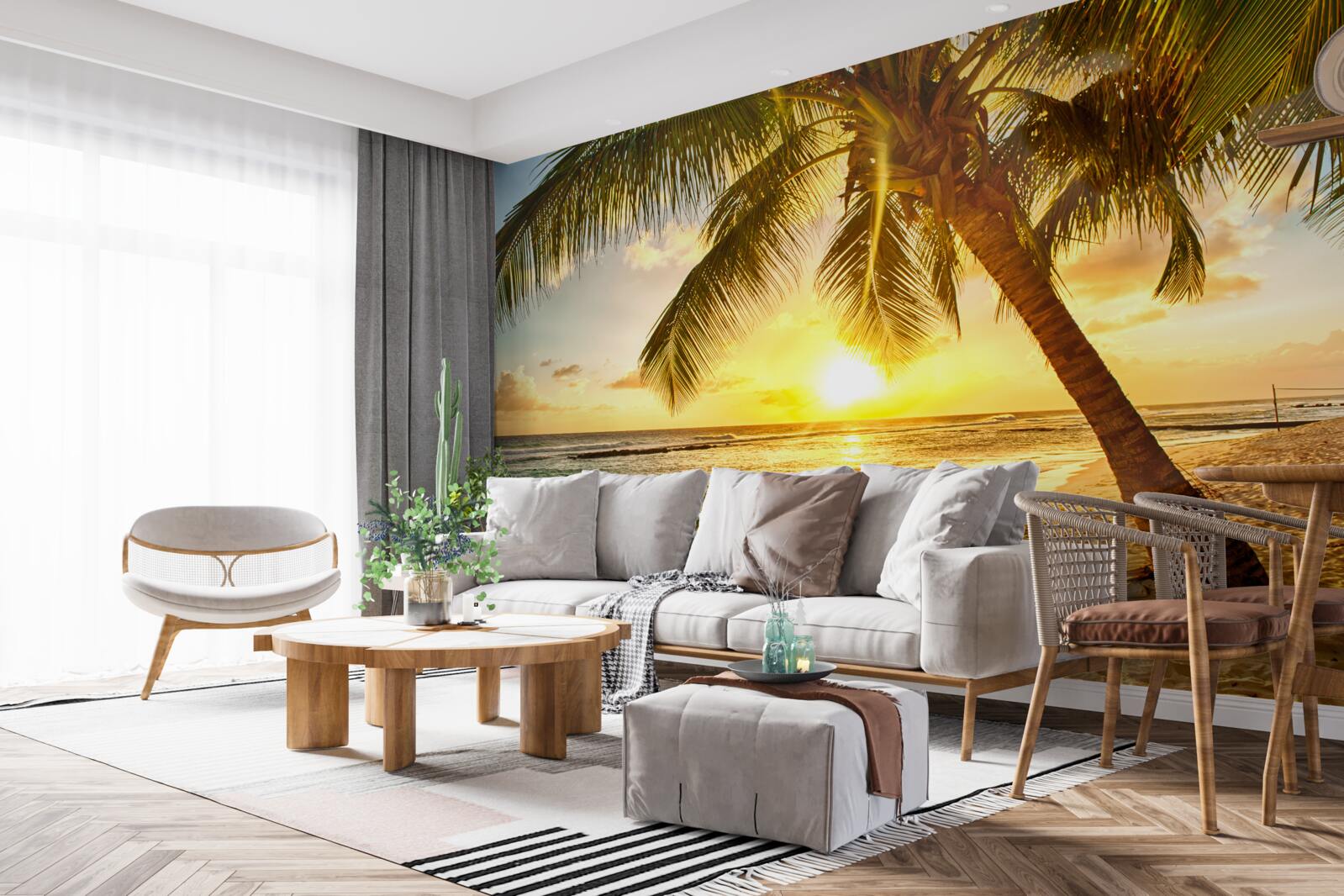 Fototapet soarele apune sub orizontul oceanului, luminând palmierii