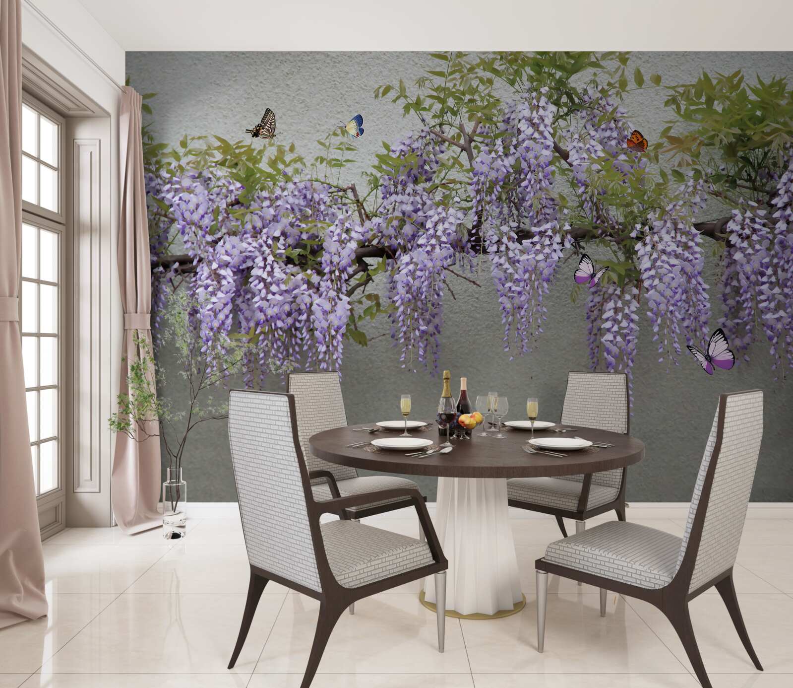 Fototapet o ramură cu flori de liliac și fluturi fluturând