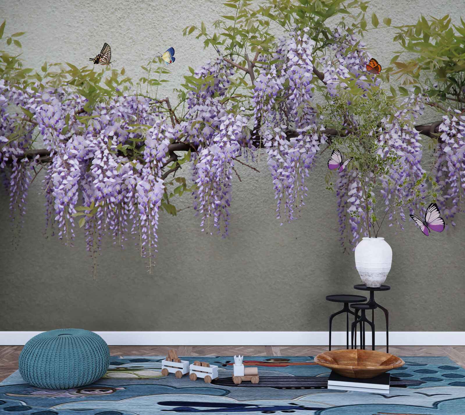 Fototapet o ramură cu flori de liliac și fluturi fluturând