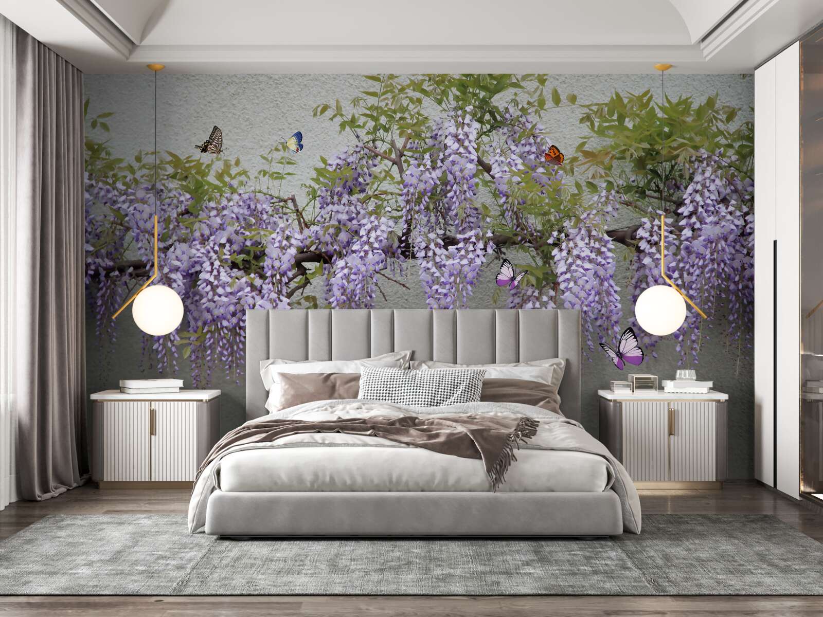 Fototapet o ramură cu flori de liliac și fluturi fluturând