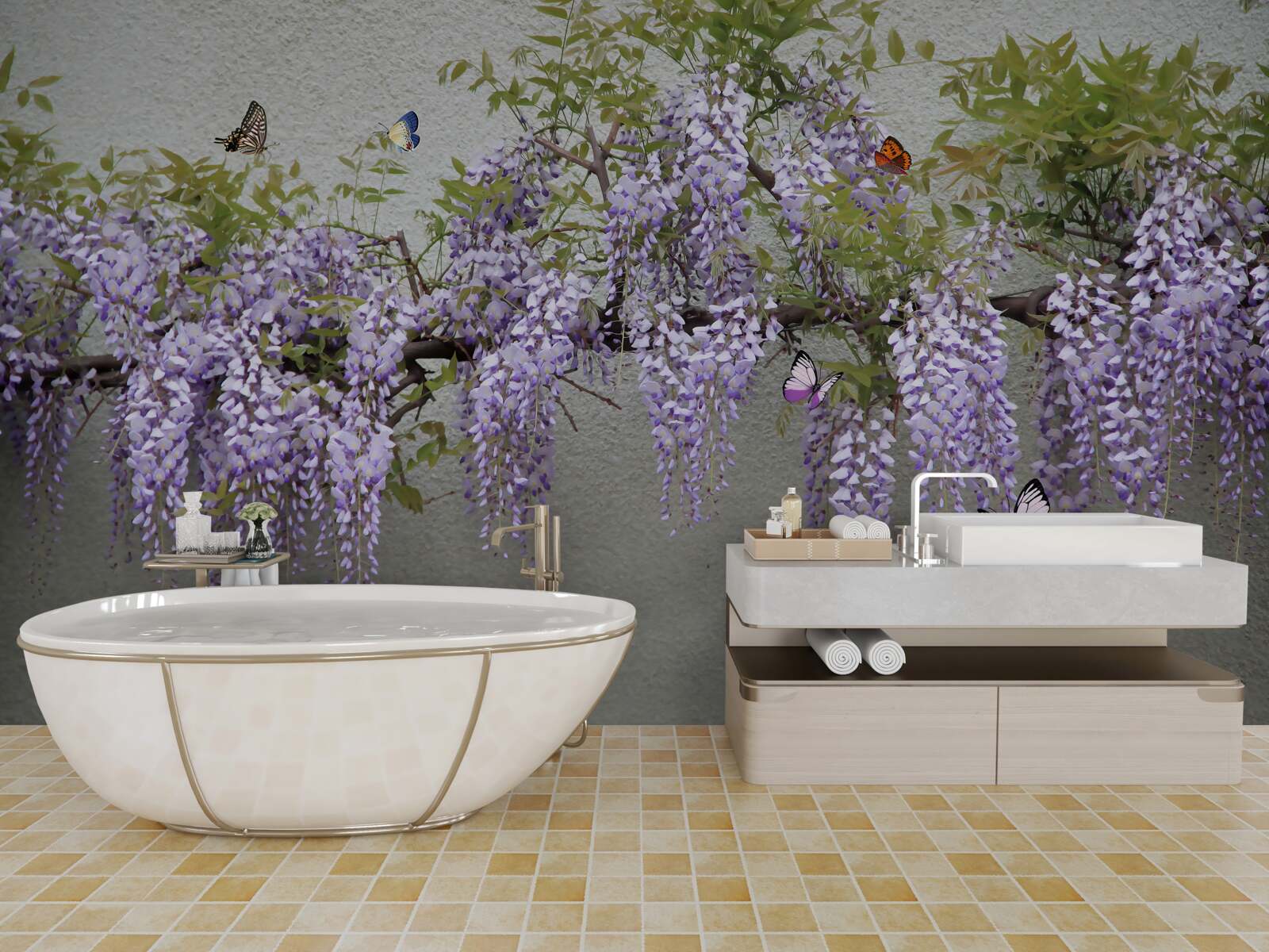 Fototapet o ramură cu flori de liliac și fluturi fluturând