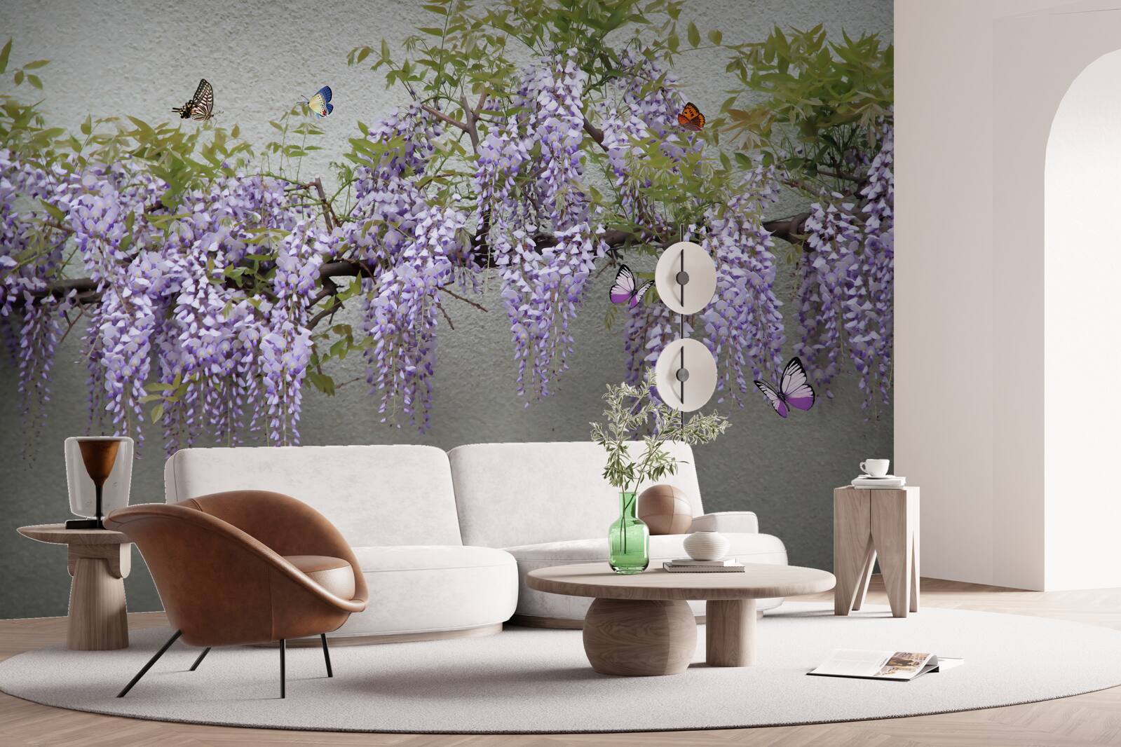 Fototapet o ramură cu flori de liliac și fluturi fluturând