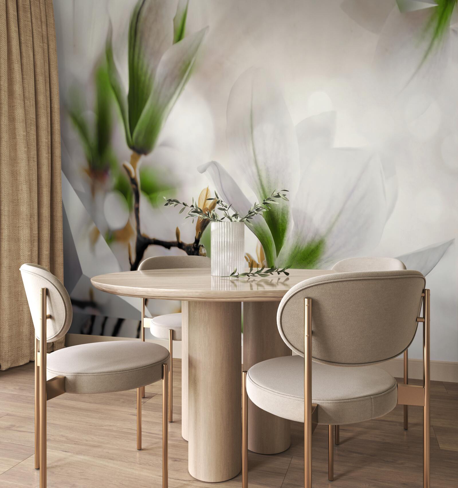 Fototapet flori în nuanțe de alb și verde combinate cu forme geometrice