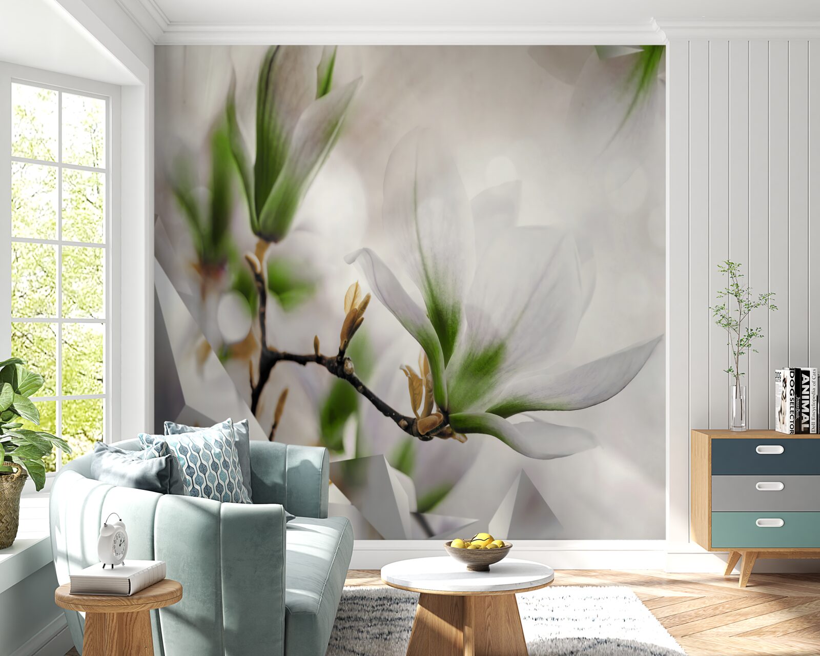 Fototapet flori în nuanțe de alb și verde combinate cu forme geometrice