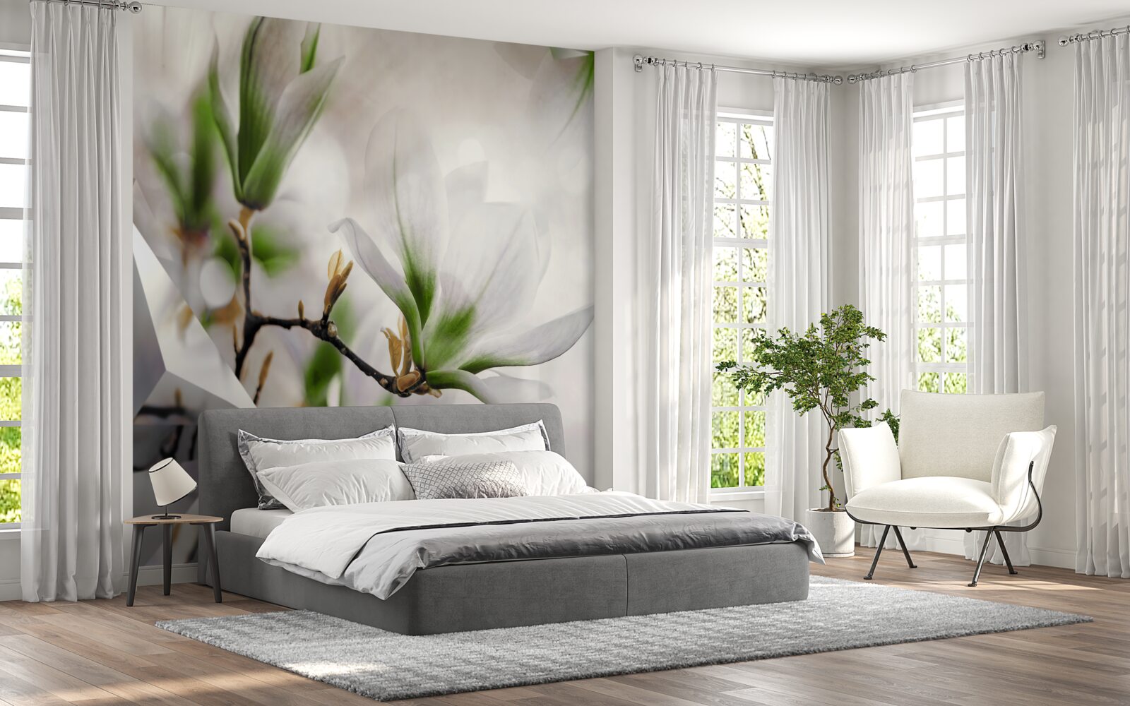 Fototapet flori în nuanțe de alb și verde combinate cu forme geometrice