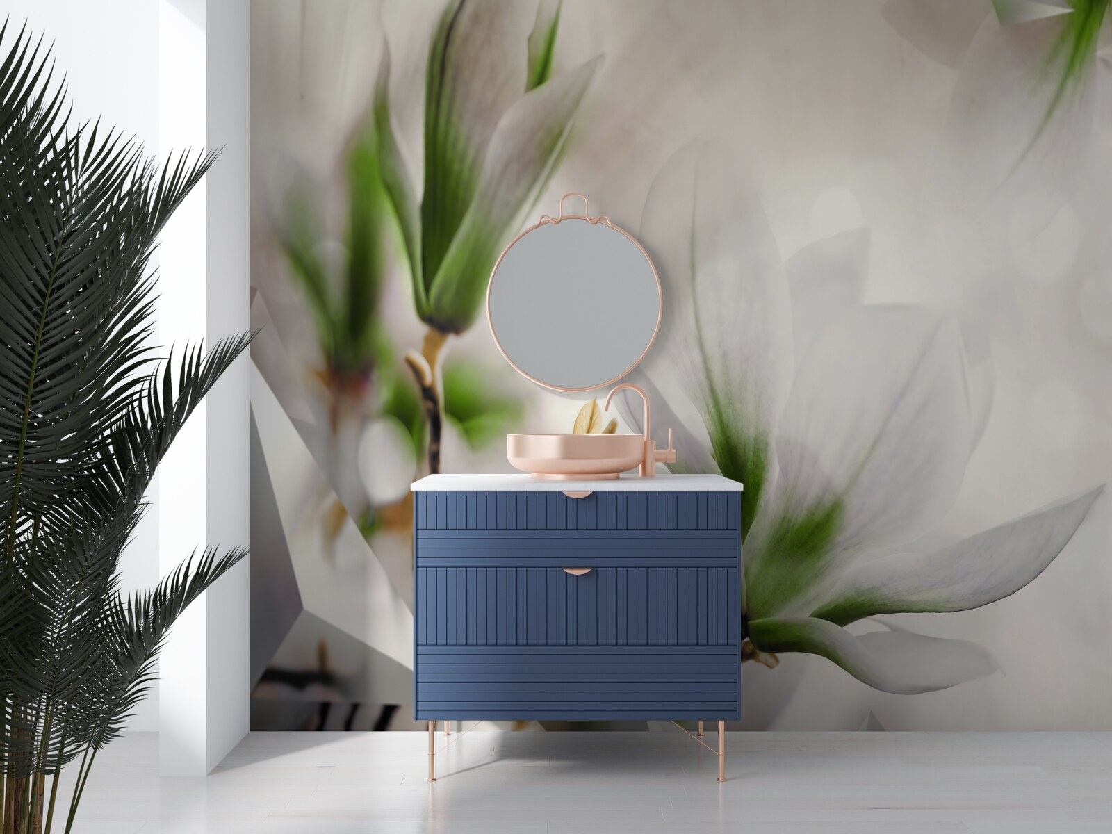 Fototapet flori în nuanțe de alb și verde combinate cu forme geometrice