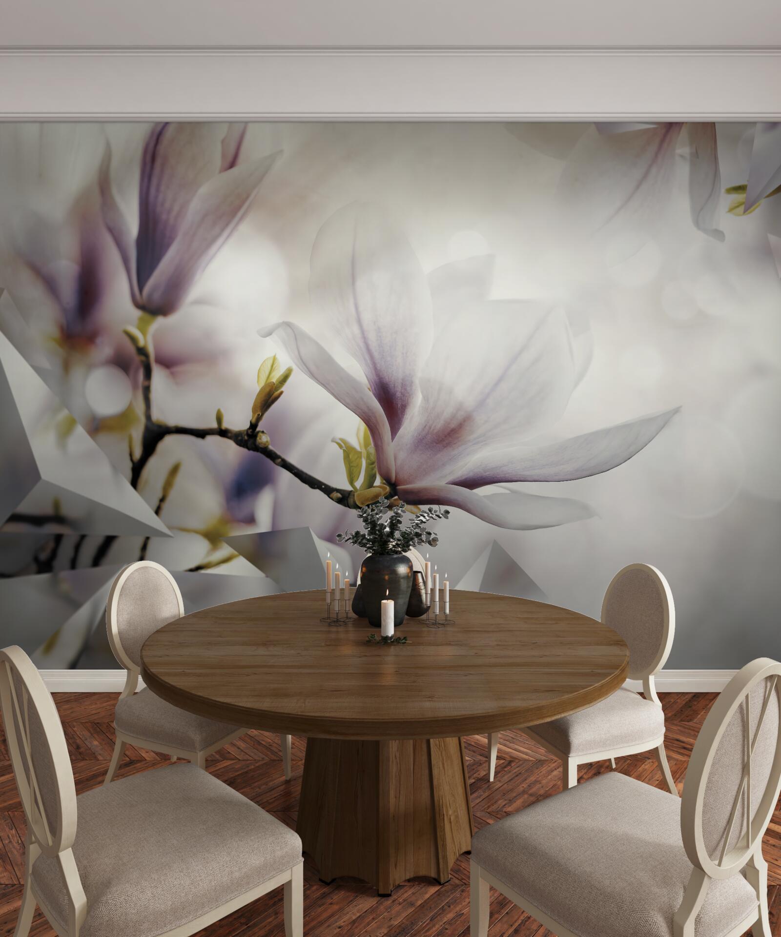 Fototapet flori mari de liliac și forme albe