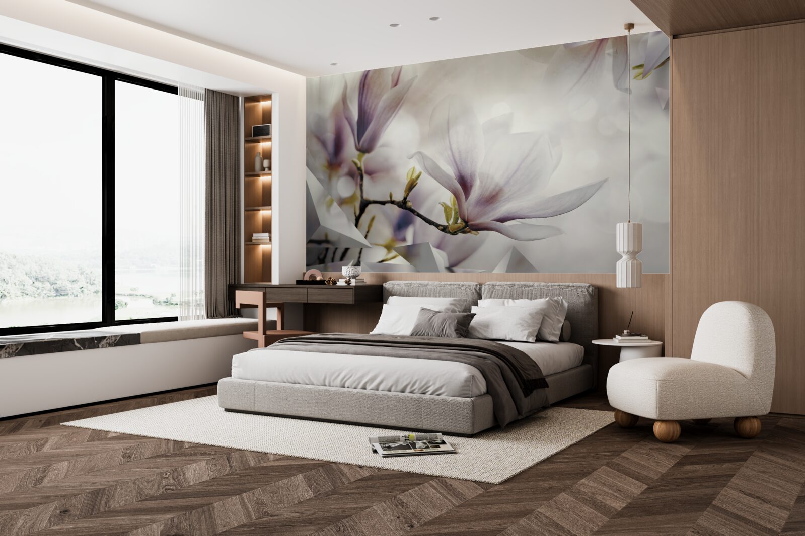 Fototapet flori mari de liliac și forme albe