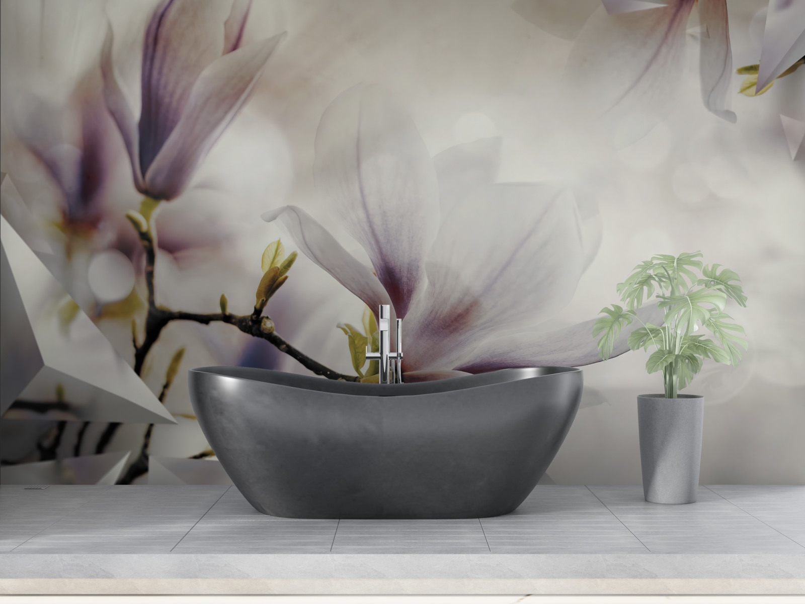 Fototapet flori mari de liliac și forme albe