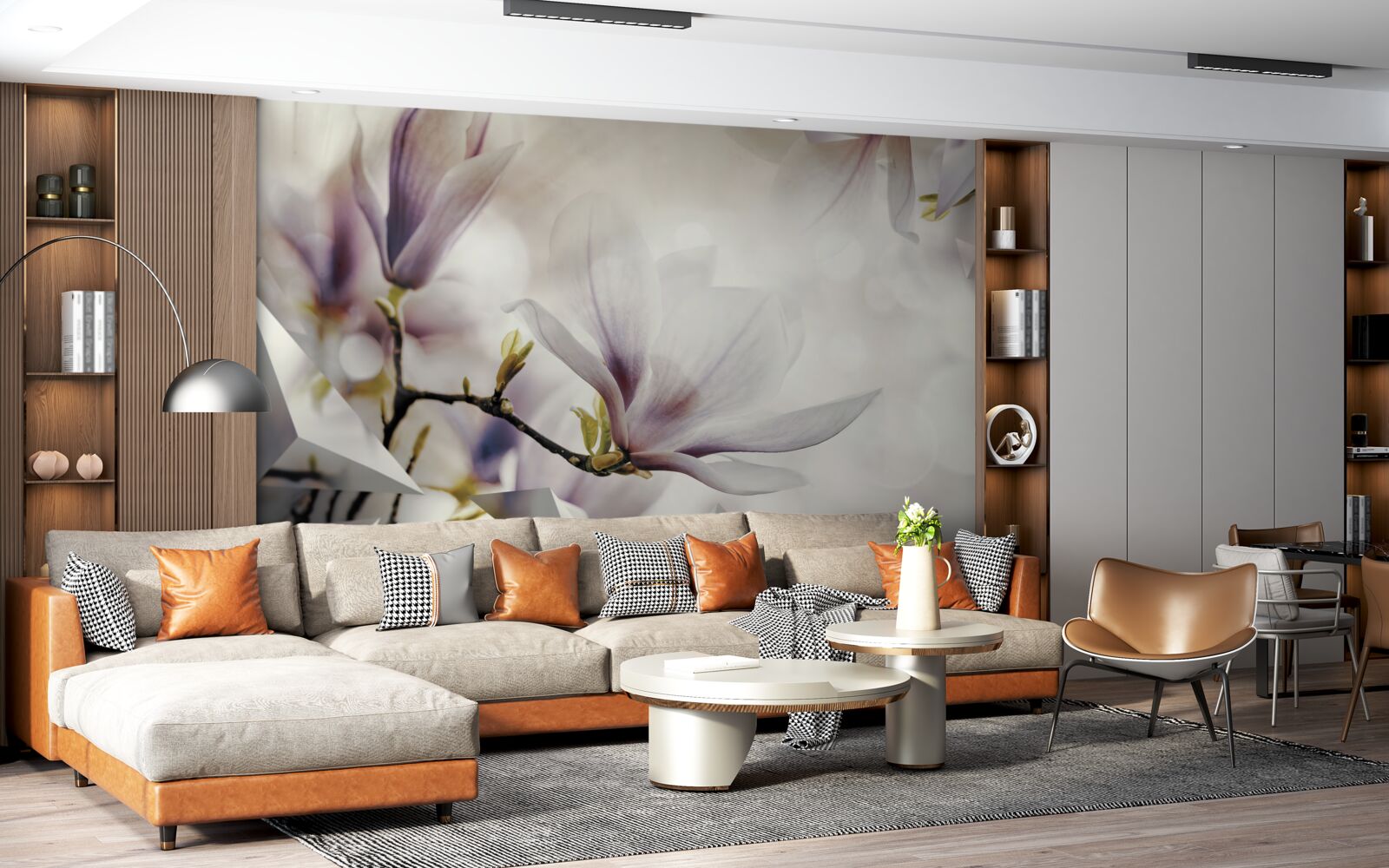 Fototapet flori mari de liliac și forme albe