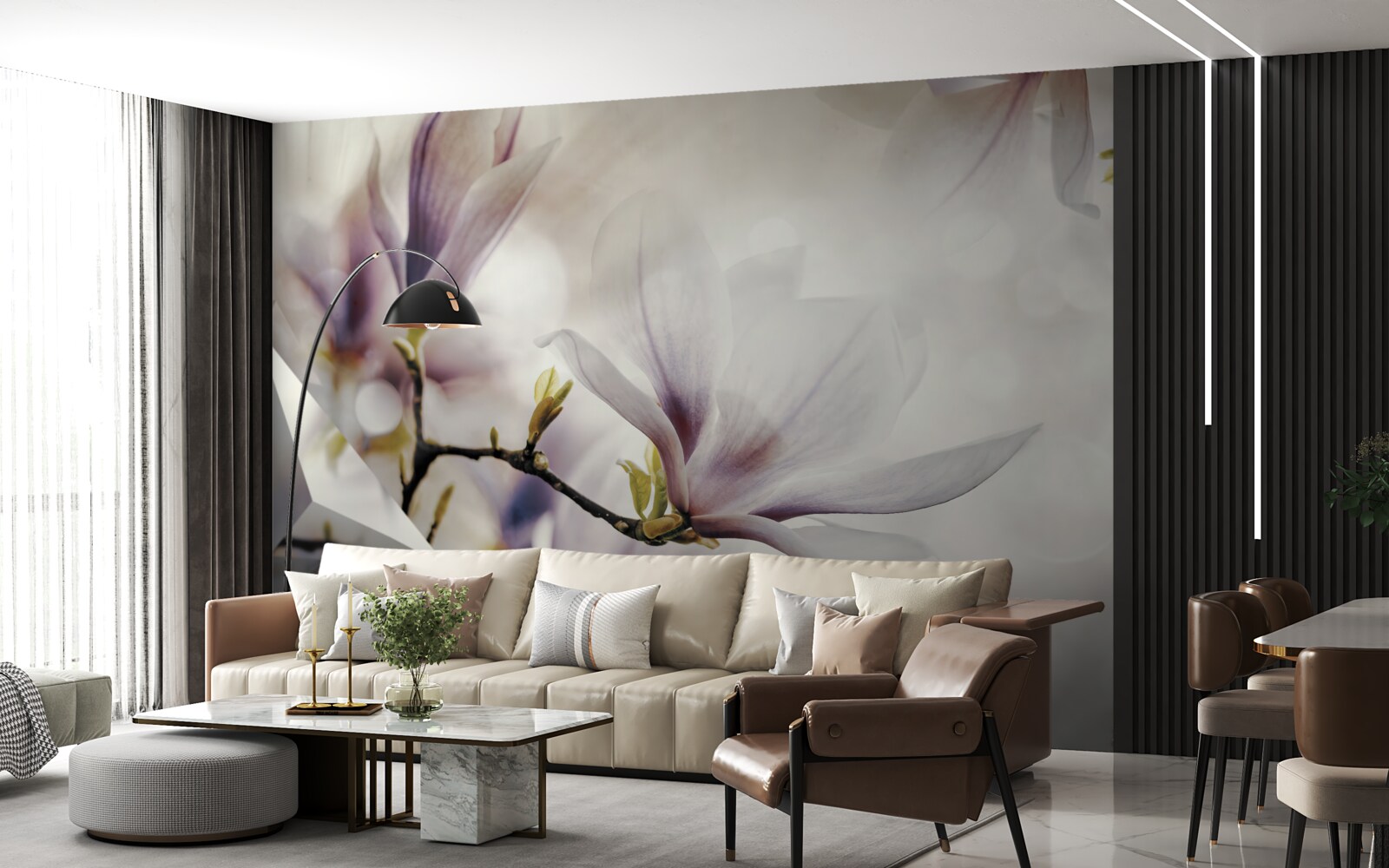 Fototapet flori mari de liliac și forme albe