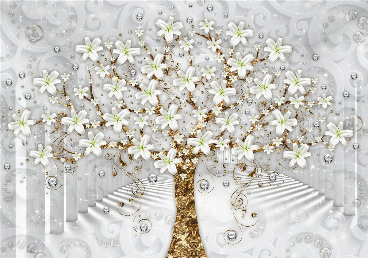 Fototapet flori albe au înflorit pe copac