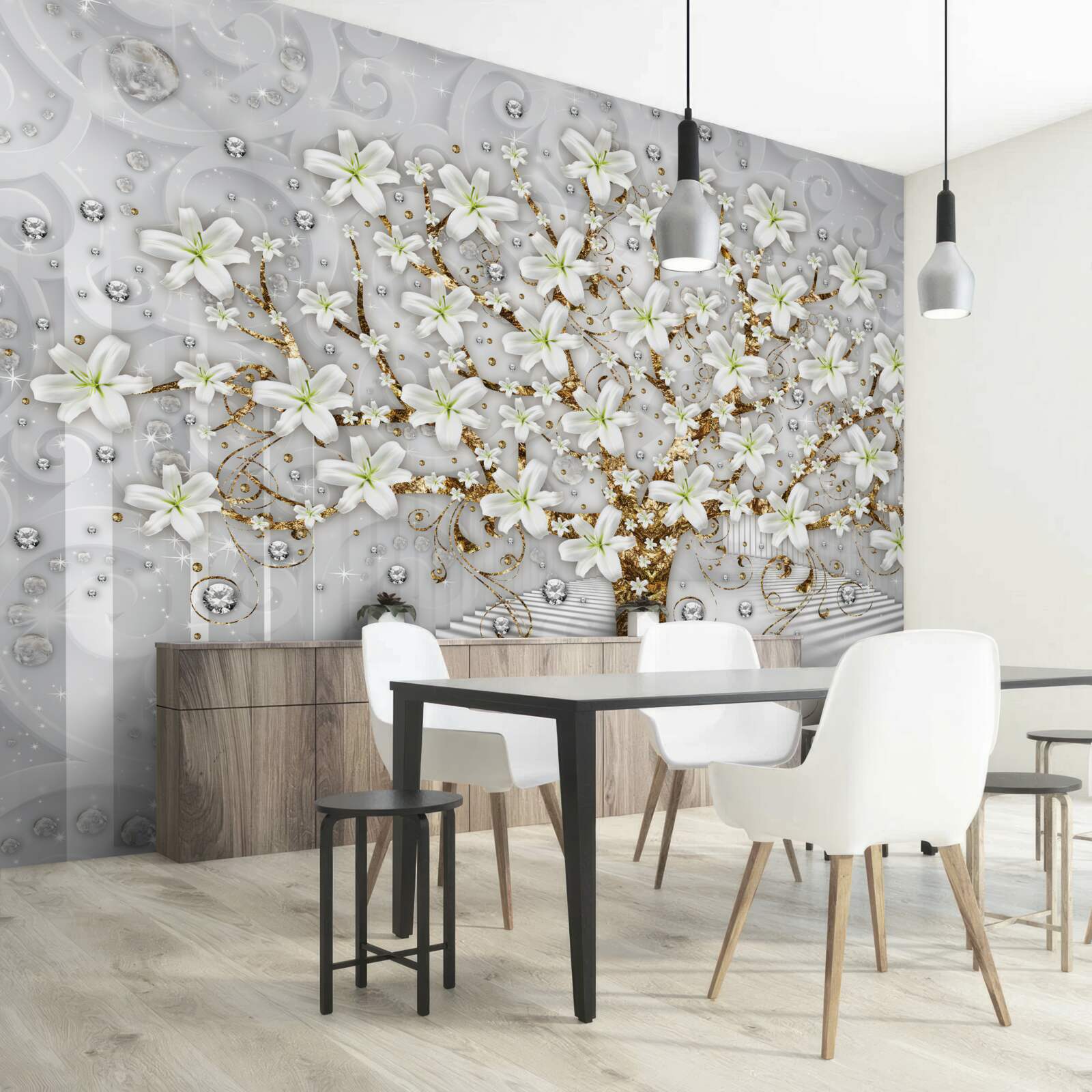 Fototapet flori albe au înflorit pe copac