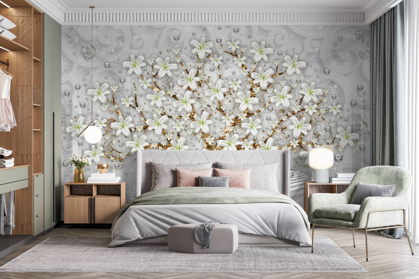 Fototapet flori albe au înflorit pe copac