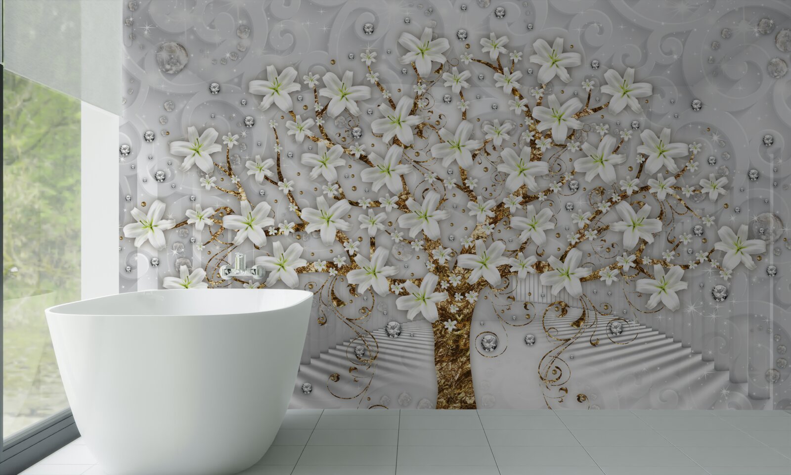 Fototapet flori albe au înflorit pe copac