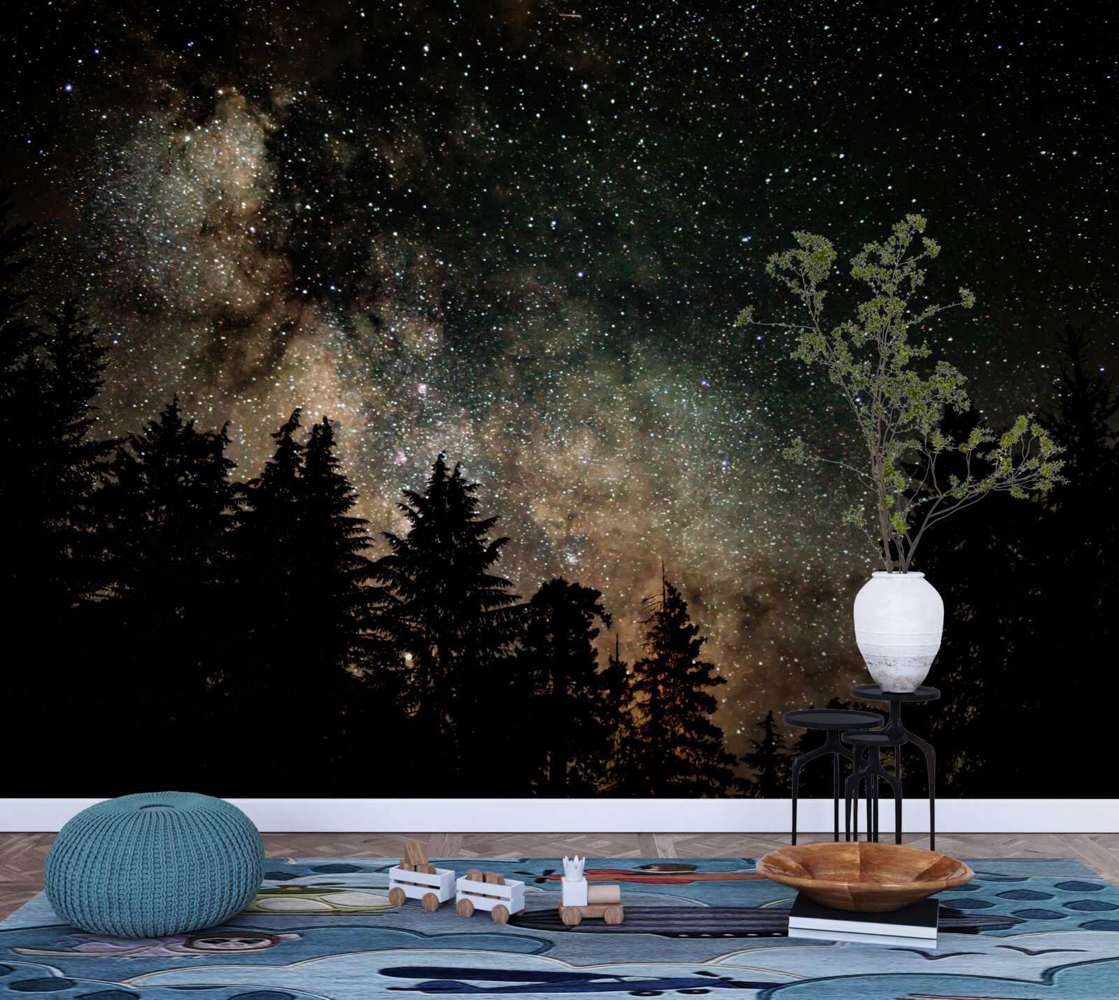 Fototapet pădurea noaptea și cerul înstelat