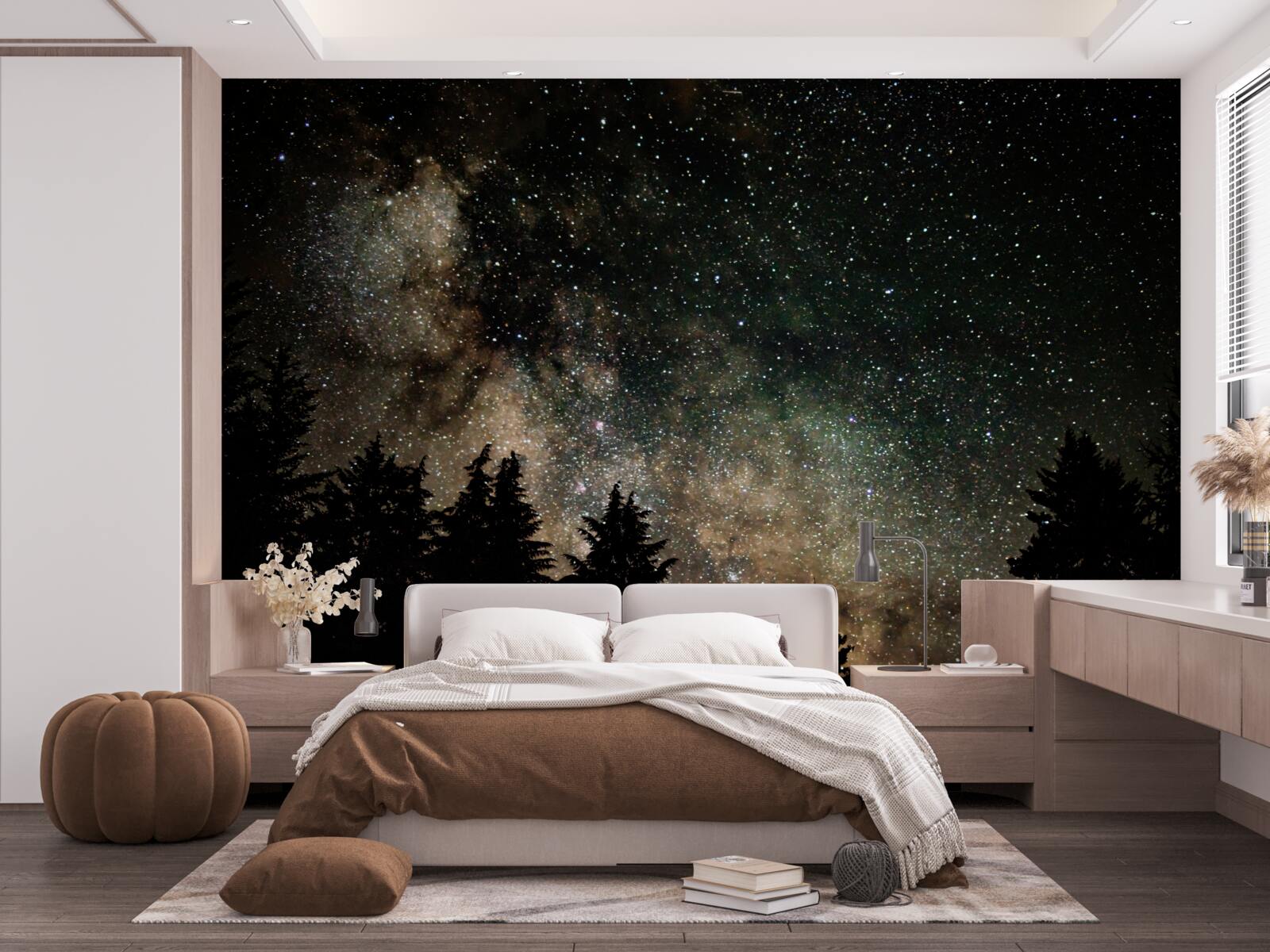 Fototapet pădurea noaptea și cerul înstelat