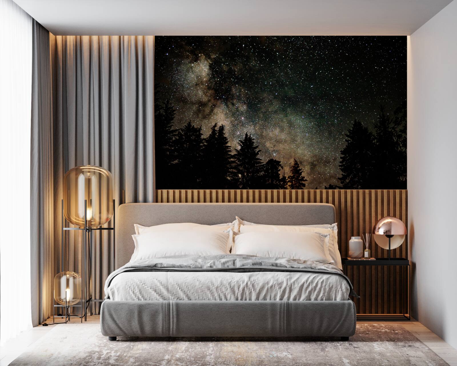 Fototapet pădurea noaptea și cerul înstelat