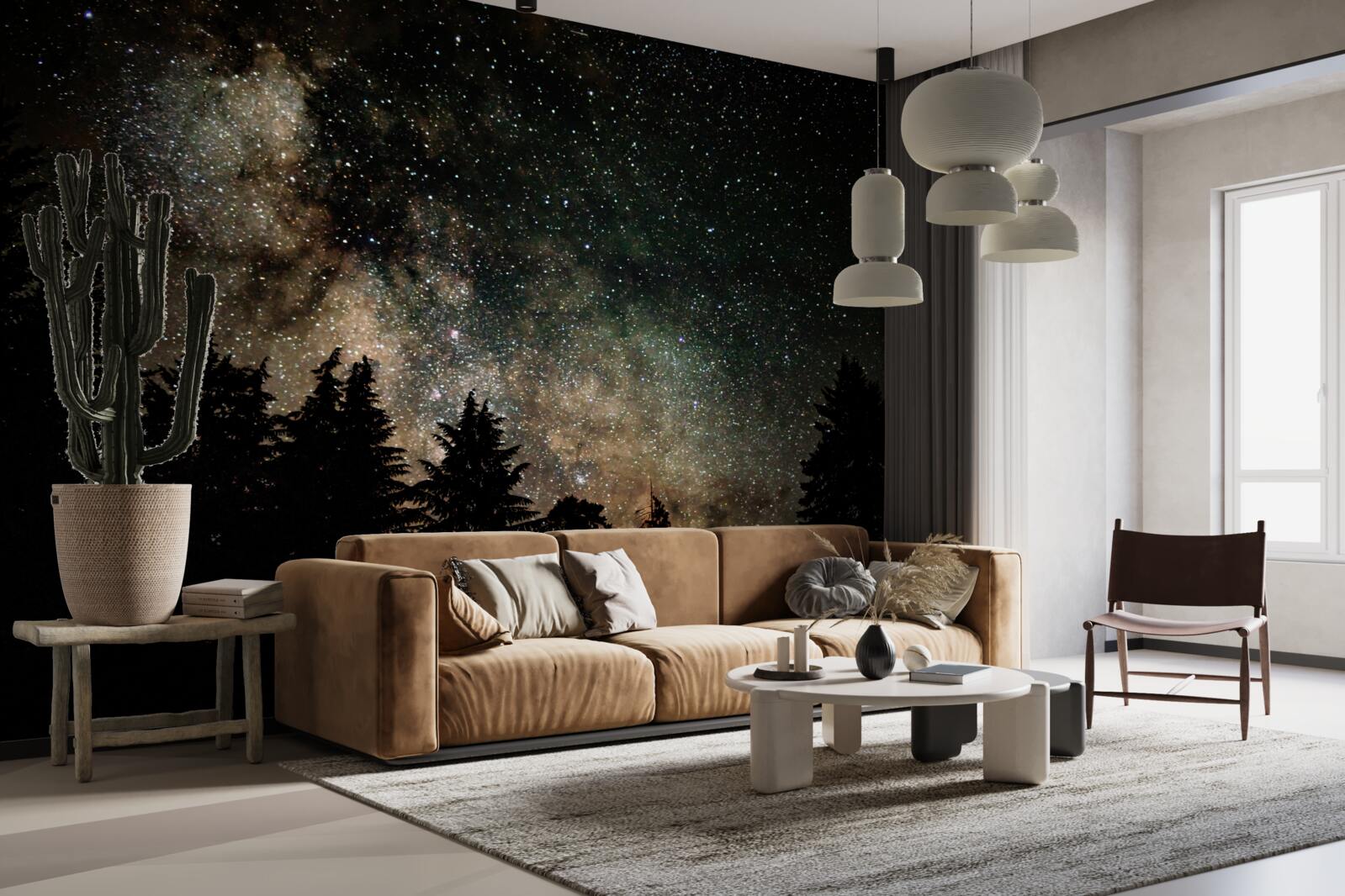 Fototapet pădurea noaptea și cerul înstelat