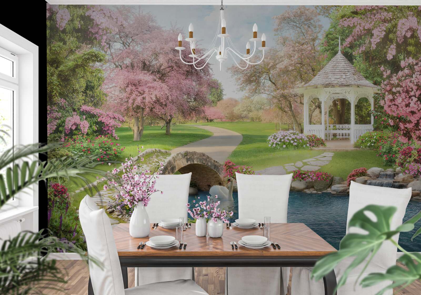 Fototapet pavilion lângă un lac cu lebede