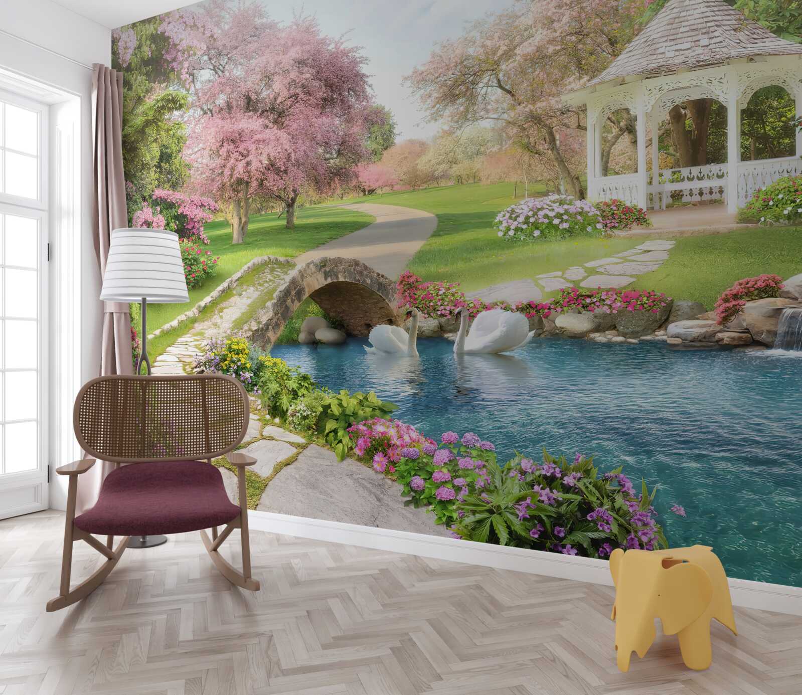 Fototapet pavilion lângă un lac cu lebede