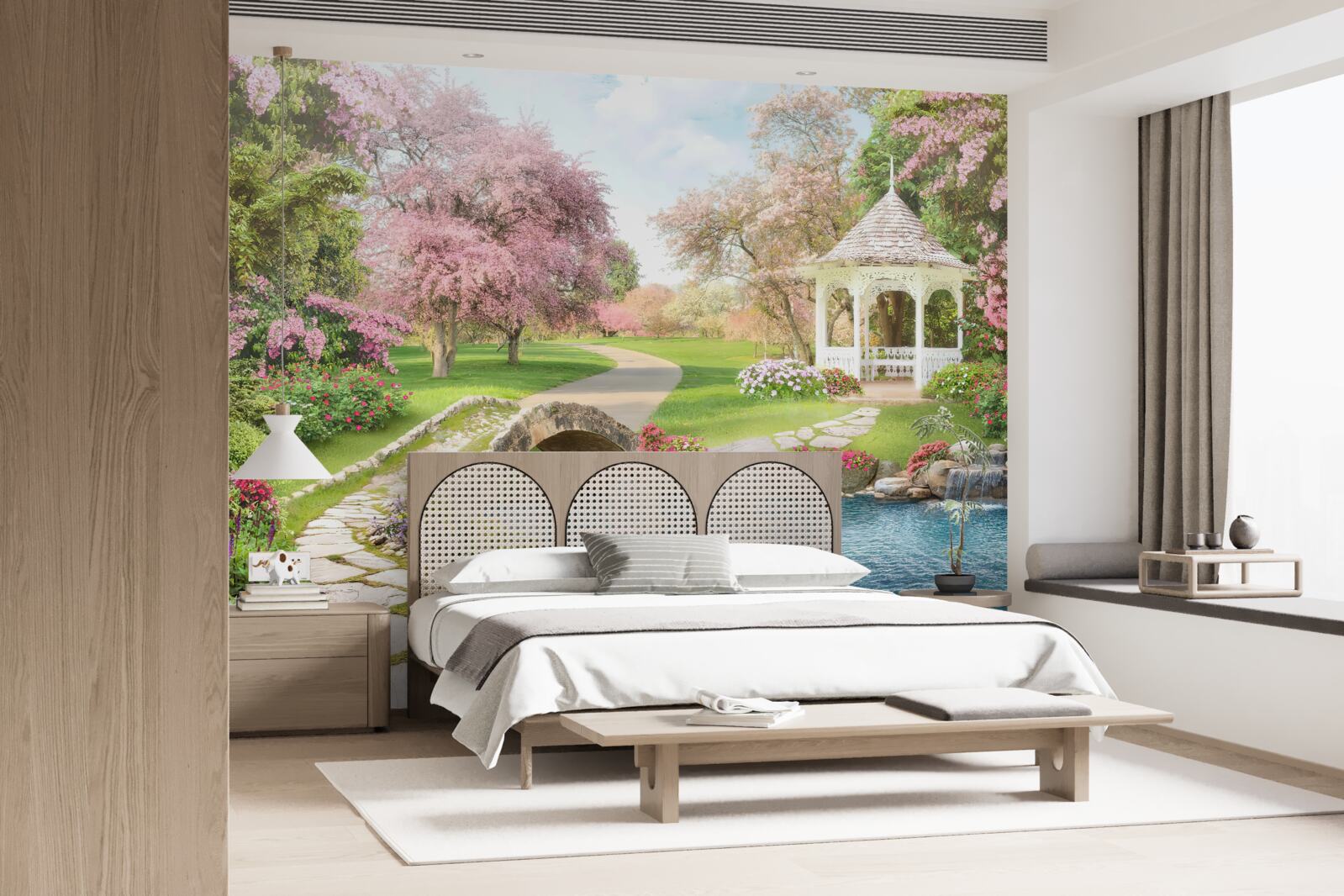 Fototapet pavilion lângă un lac cu lebede