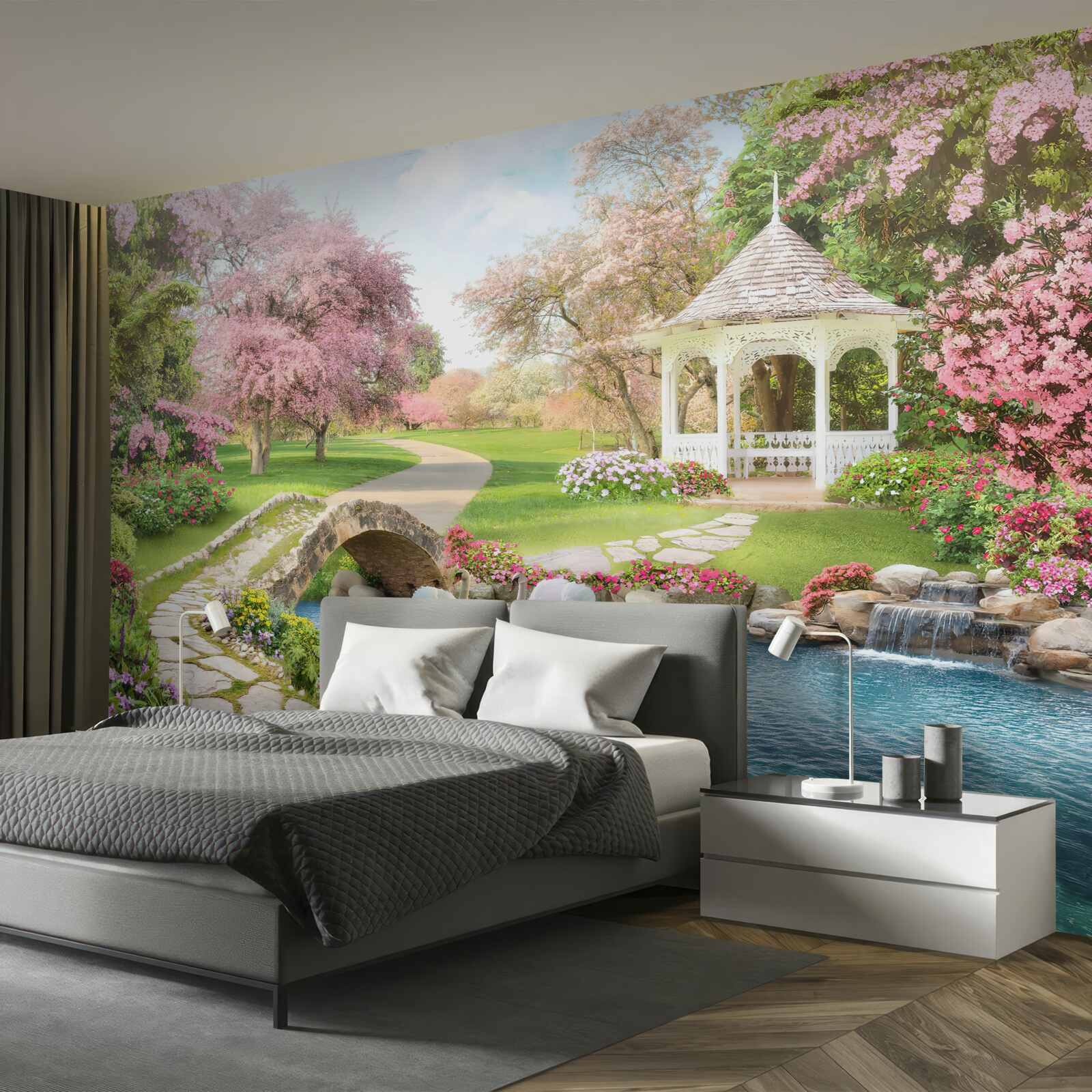 Fototapet pavilion lângă un lac cu lebede