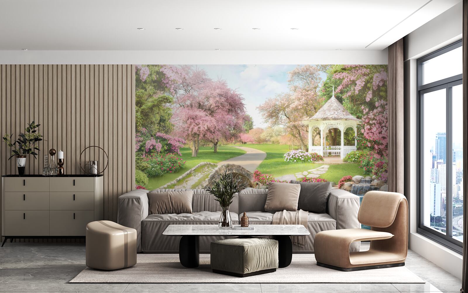 Fototapet pavilion lângă un lac cu lebede