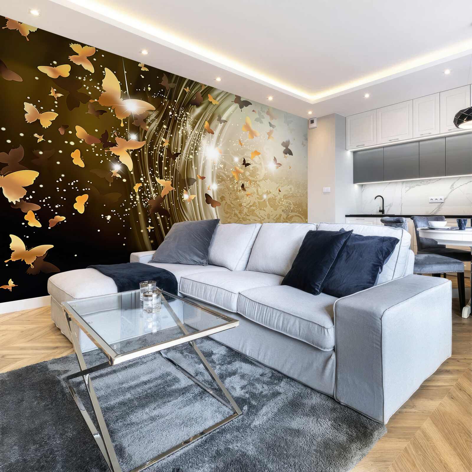 Fototapet fundal auriu cu fluturi