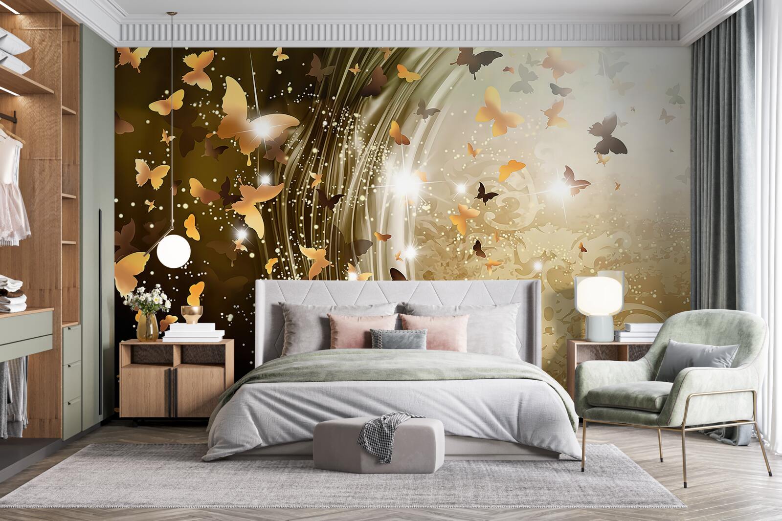 Fototapet fundal auriu cu fluturi
