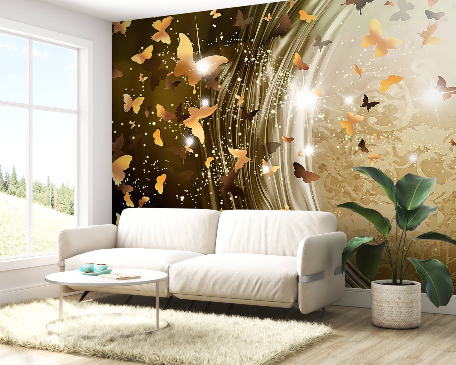 Fototapet fundal auriu cu fluturi
