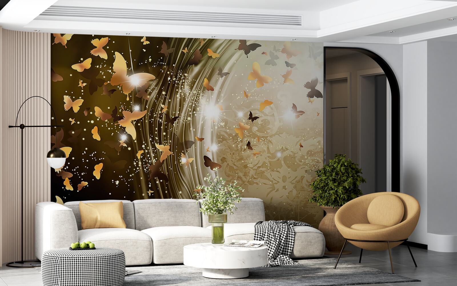 Fototapet fundal auriu cu fluturi