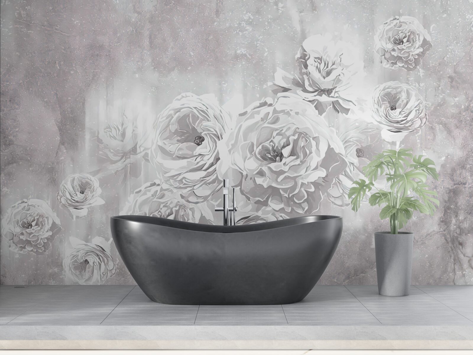 Fototapet trandafiri de culoare deschisă în nuanțe de gri și alb