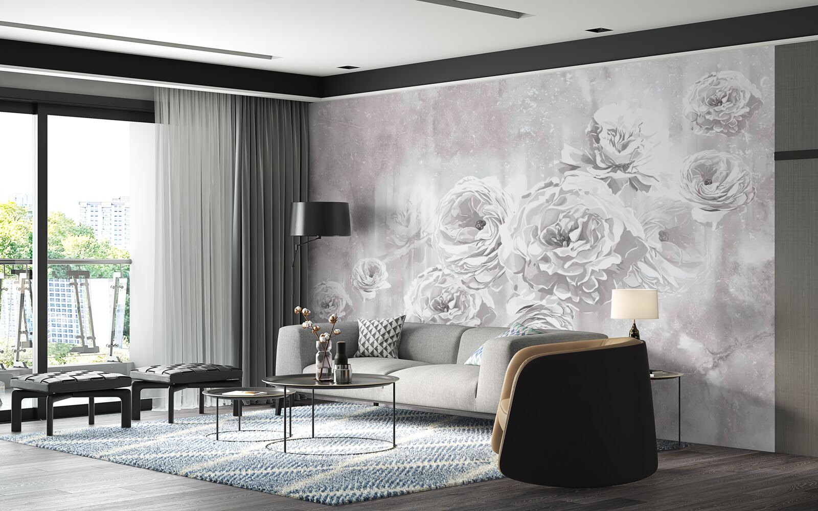 Fototapet trandafiri de culoare deschisă în nuanțe de gri și alb