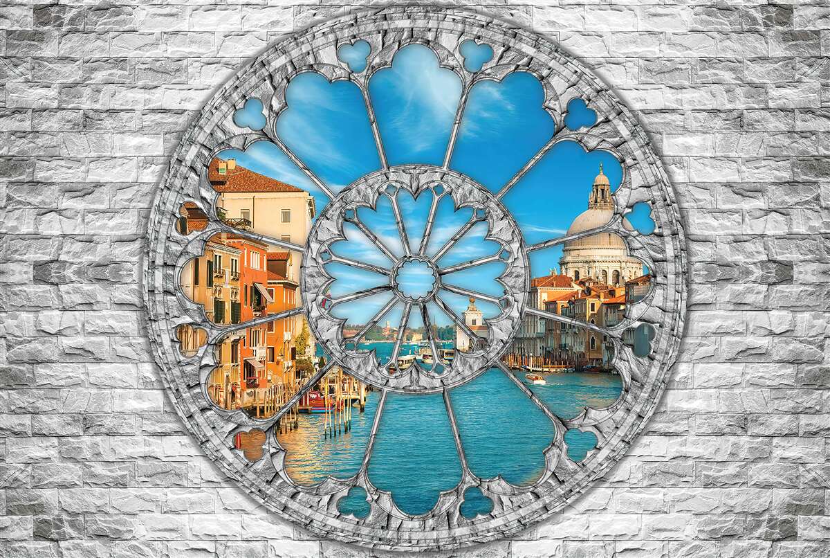 Fototapet fereastră cu vedere panoramică la râu și la oraș