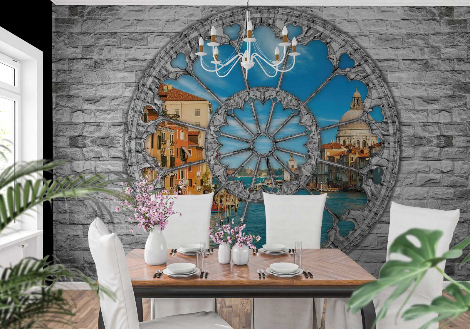 Fototapet fereastră cu vedere panoramică la râu și la oraș