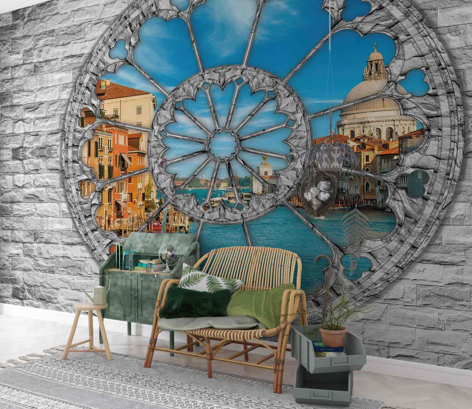 Fototapet fereastră cu vedere panoramică la râu și la oraș