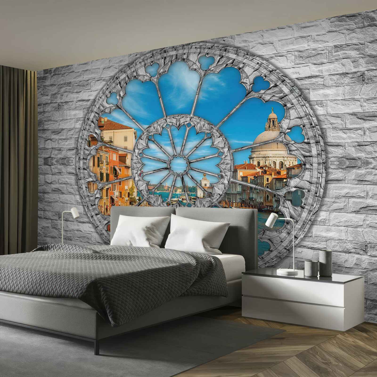 Fototapet fereastră cu vedere panoramică la râu și la oraș