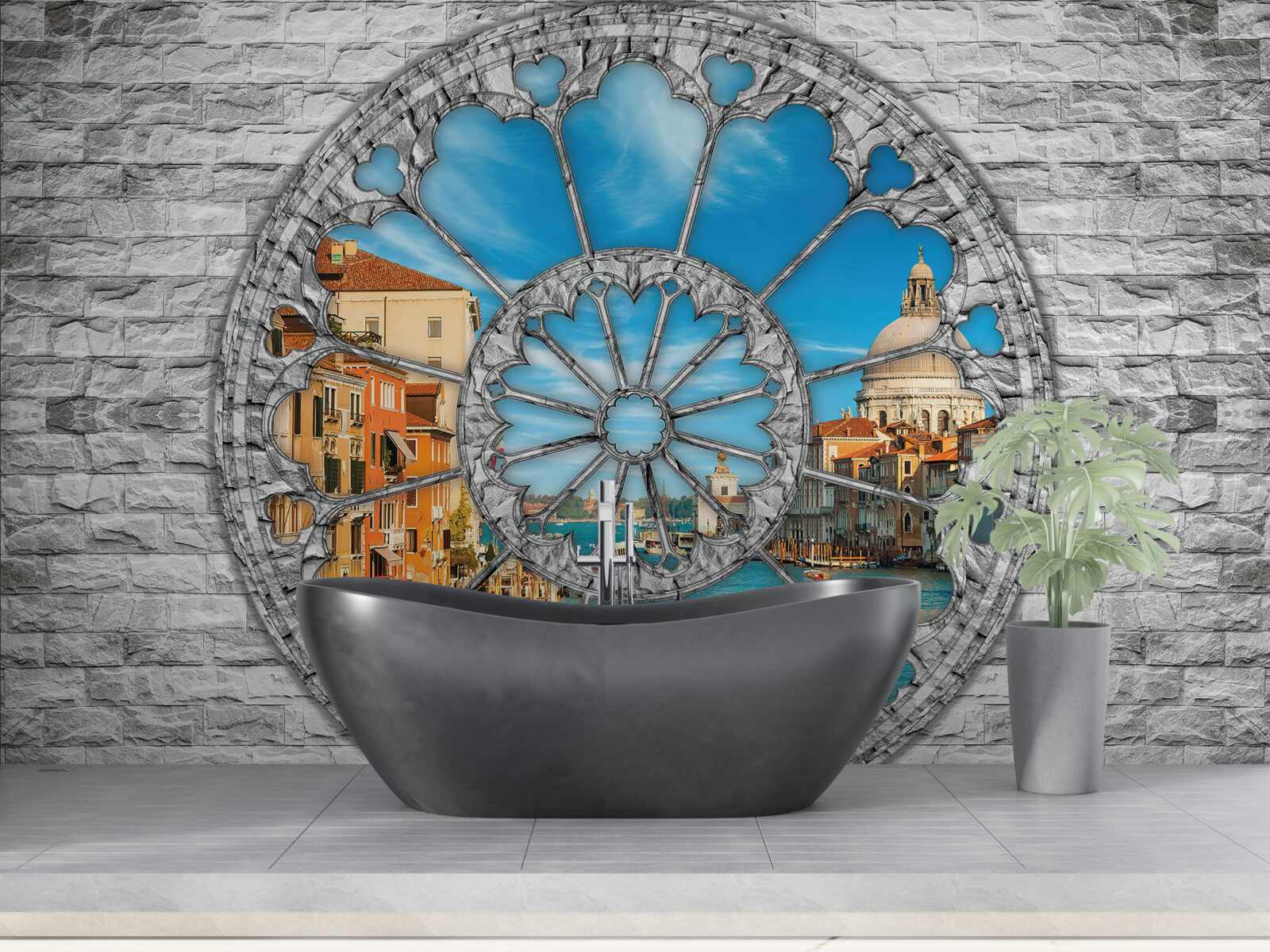 Fototapet fereastră cu vedere panoramică la râu și la oraș